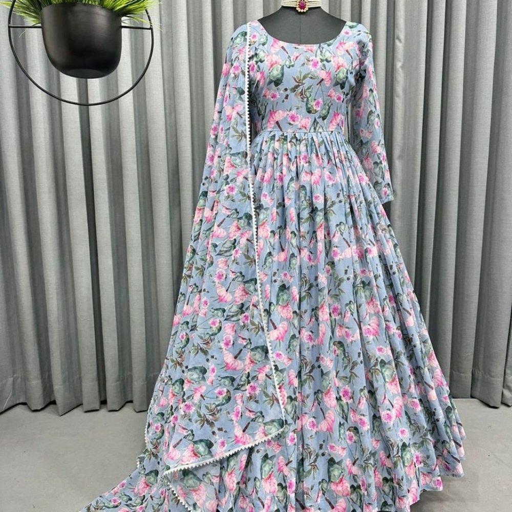 BEAUTIFUL GEORGETTE FLORAL PRINTED FULL FLAIRED GOWN SET WITH PANT AND DUPATTA - Picture 3 of 10